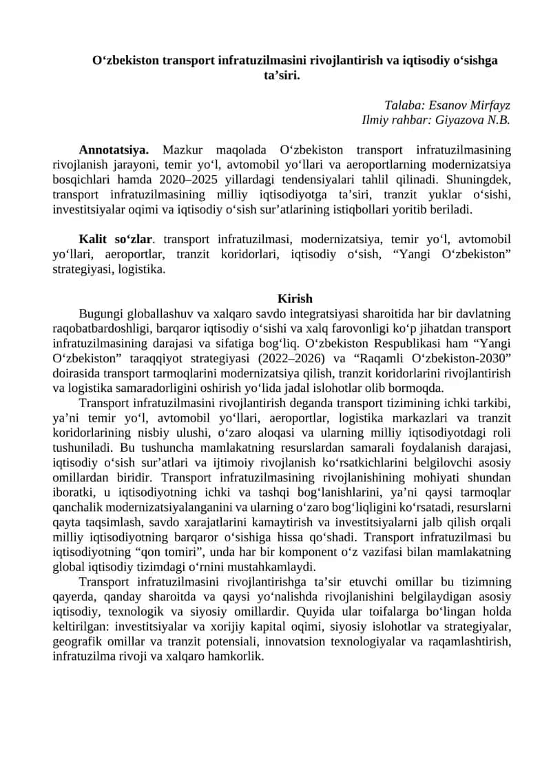 O‘zbekiston transport infratuzilmasini rivojlantirish va iqtisodiy o‘sishga ta’siri