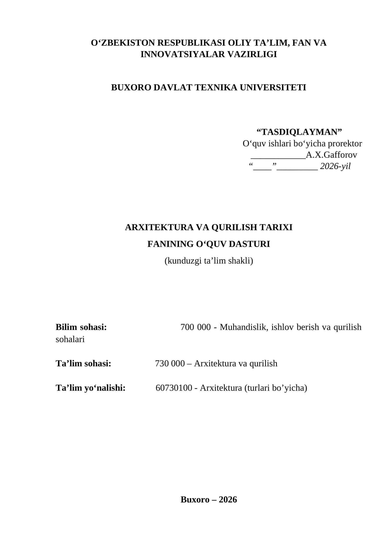 Arxitektura va qurilish tarixi fanining o‘quv dasturi.docx