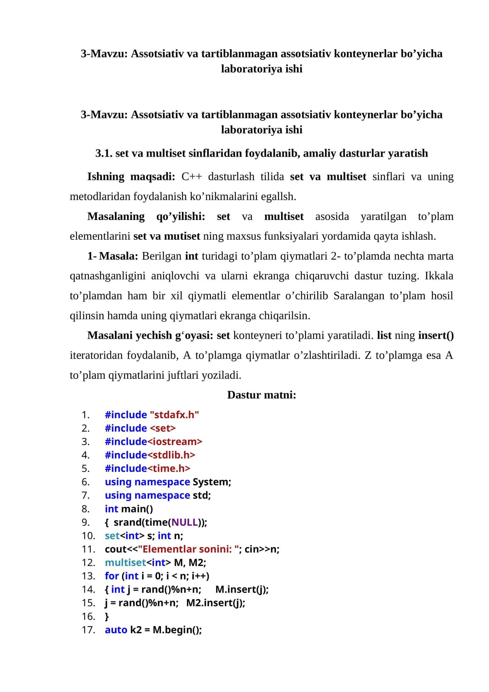 Assotsiativ va tartiblanmagan assotsiativ konteynerlar bo’yicha laboratoriya ishi