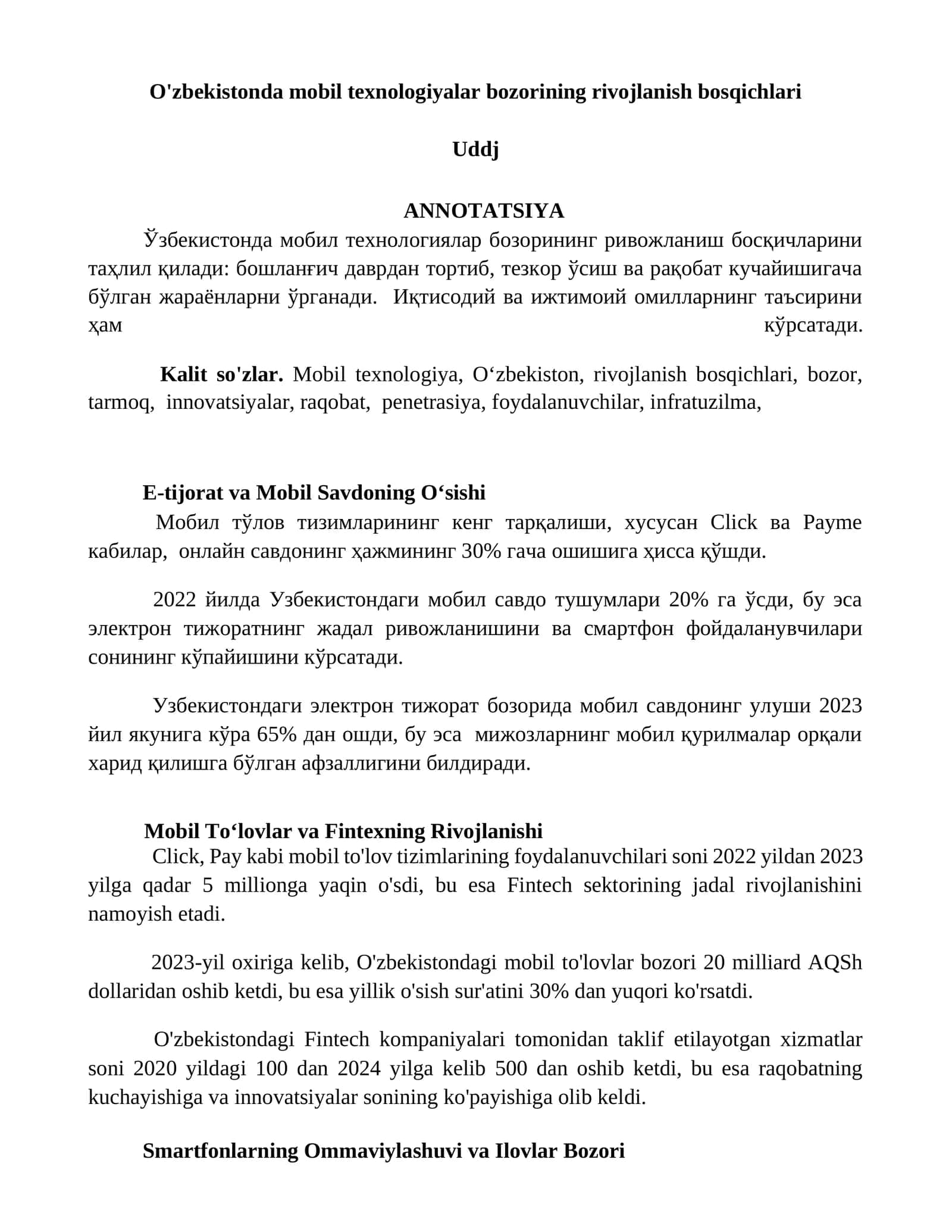 O'zbekistonda mobil texnologiyalar bozorining rivojlanish bosqichlari