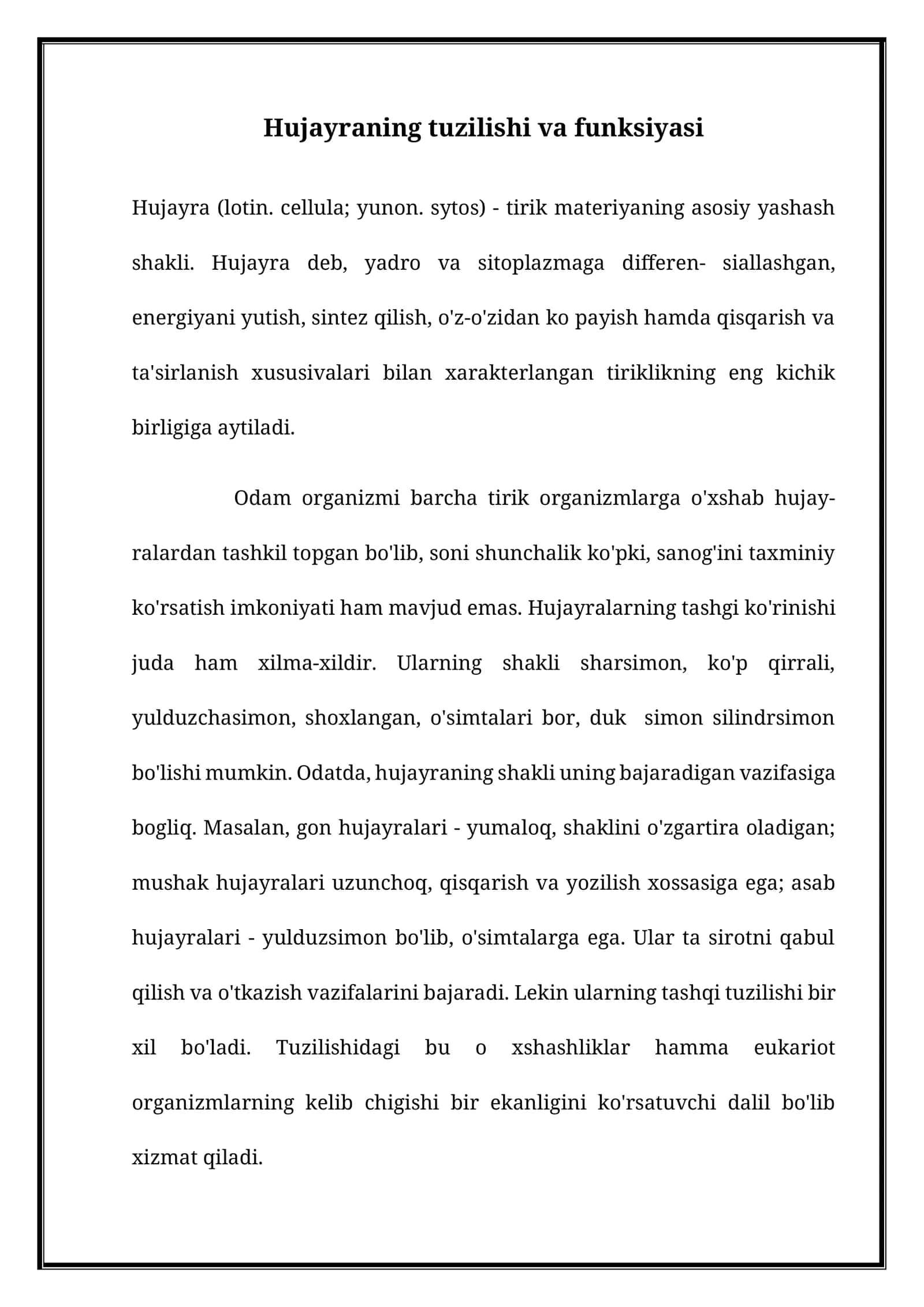 Hujayraning tuzilishi va funksiyasi
