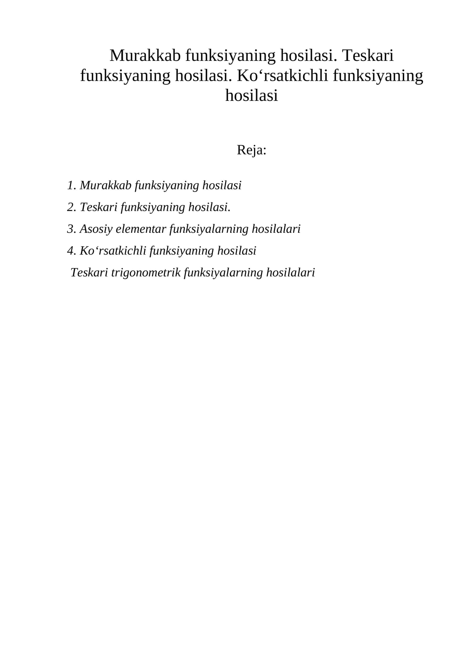 Teskari trigonometrik funksiyalarning hosilalari