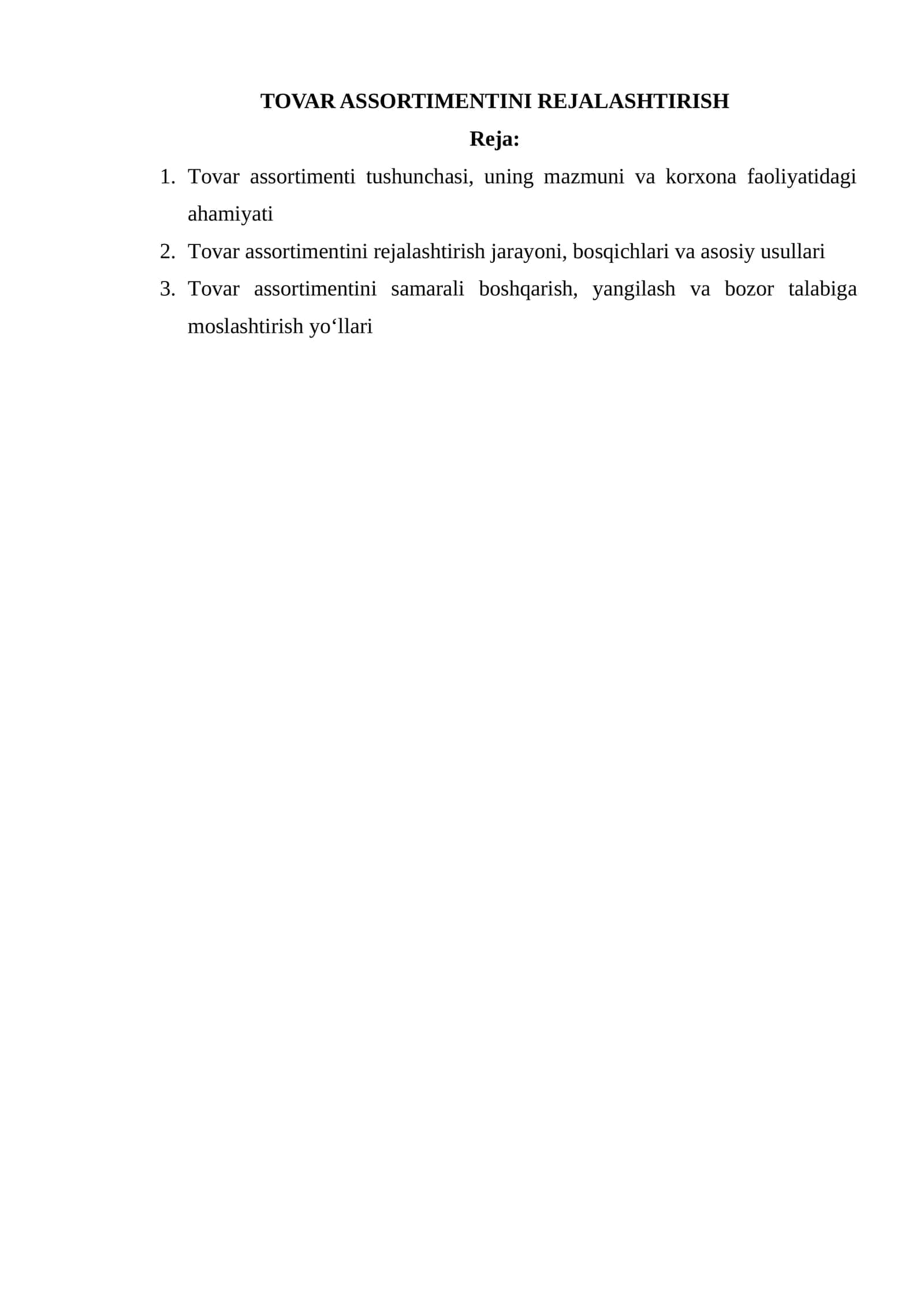 TOVAR ASSORTIMENTINI REJALASHTIRISH