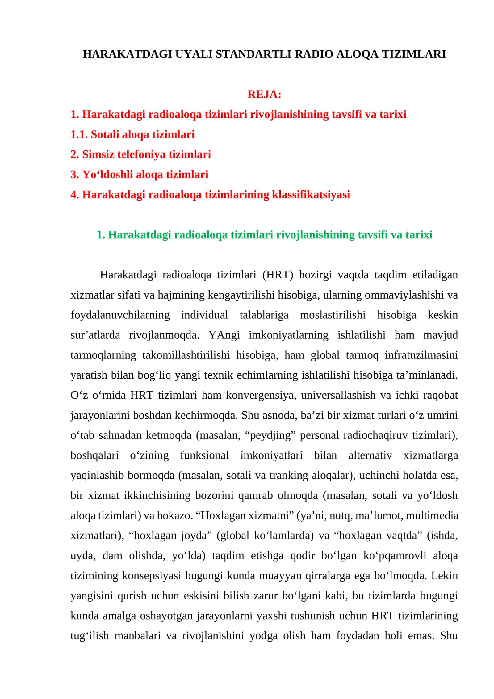HARAKATDAGI UYALI STANDARTLI RADIO ALOQA TIZIMLARI