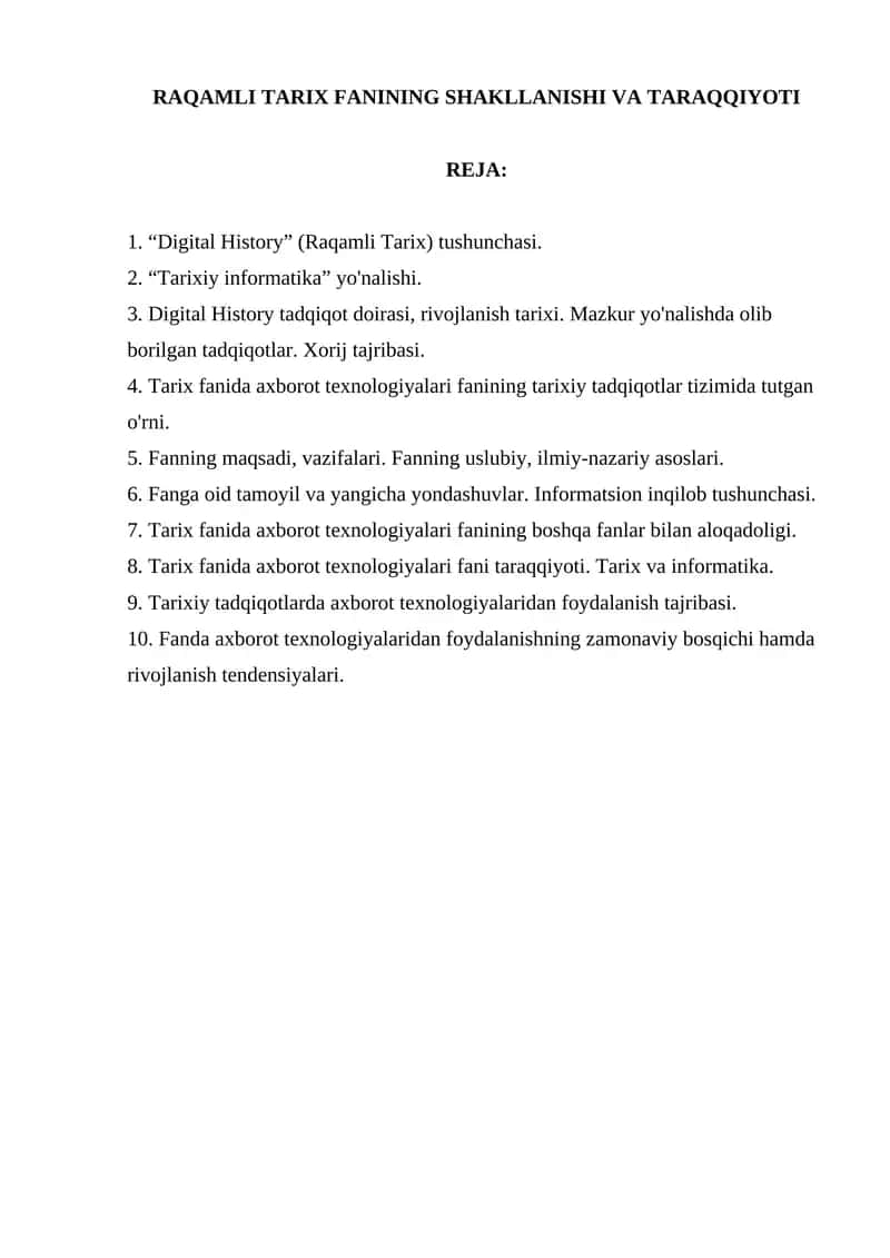 RAQAMLI TARIX FANINING SHAKLLANISHI VA TARAQQIYOTI