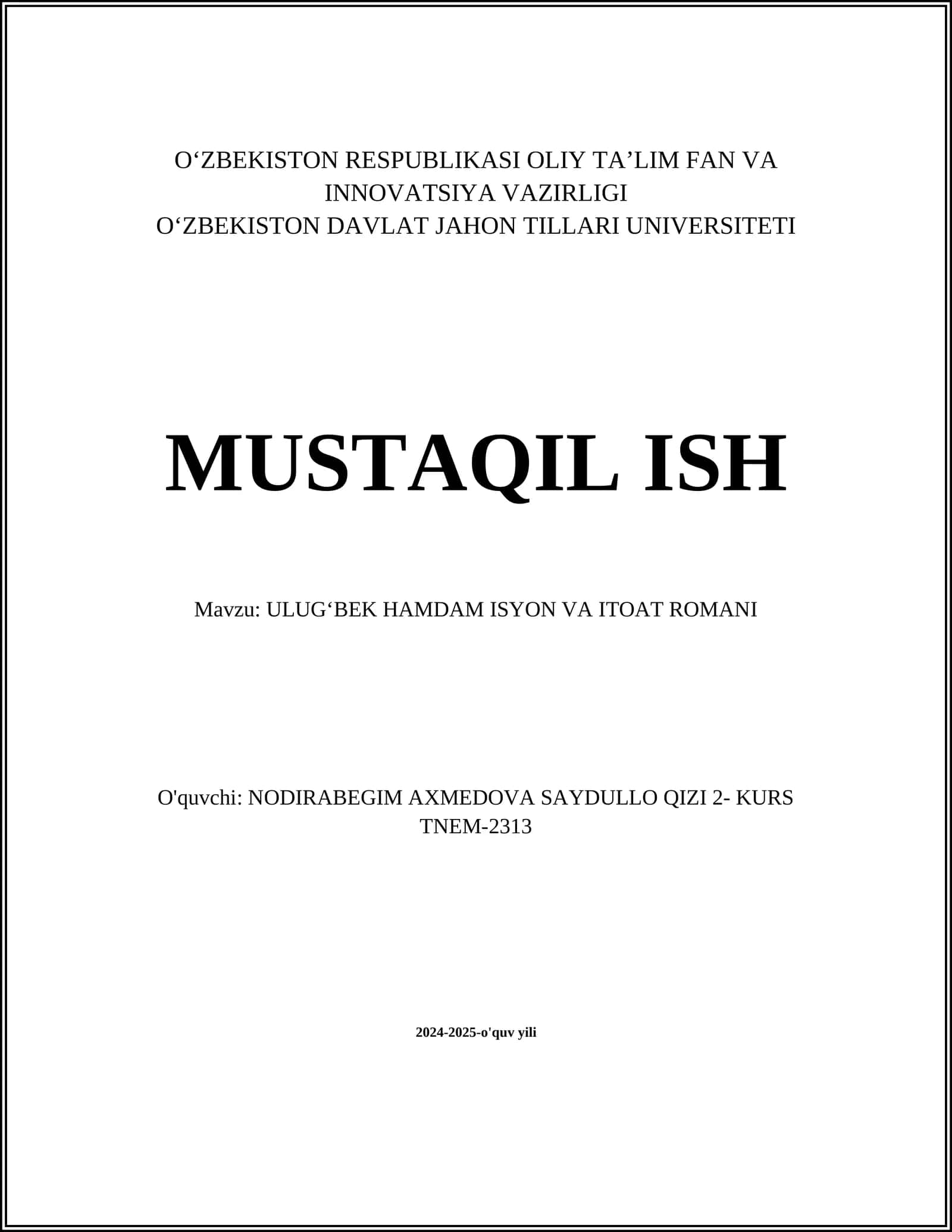 ULUGʻBEK HAMDAM ISYON VA ITOAT ROMANI