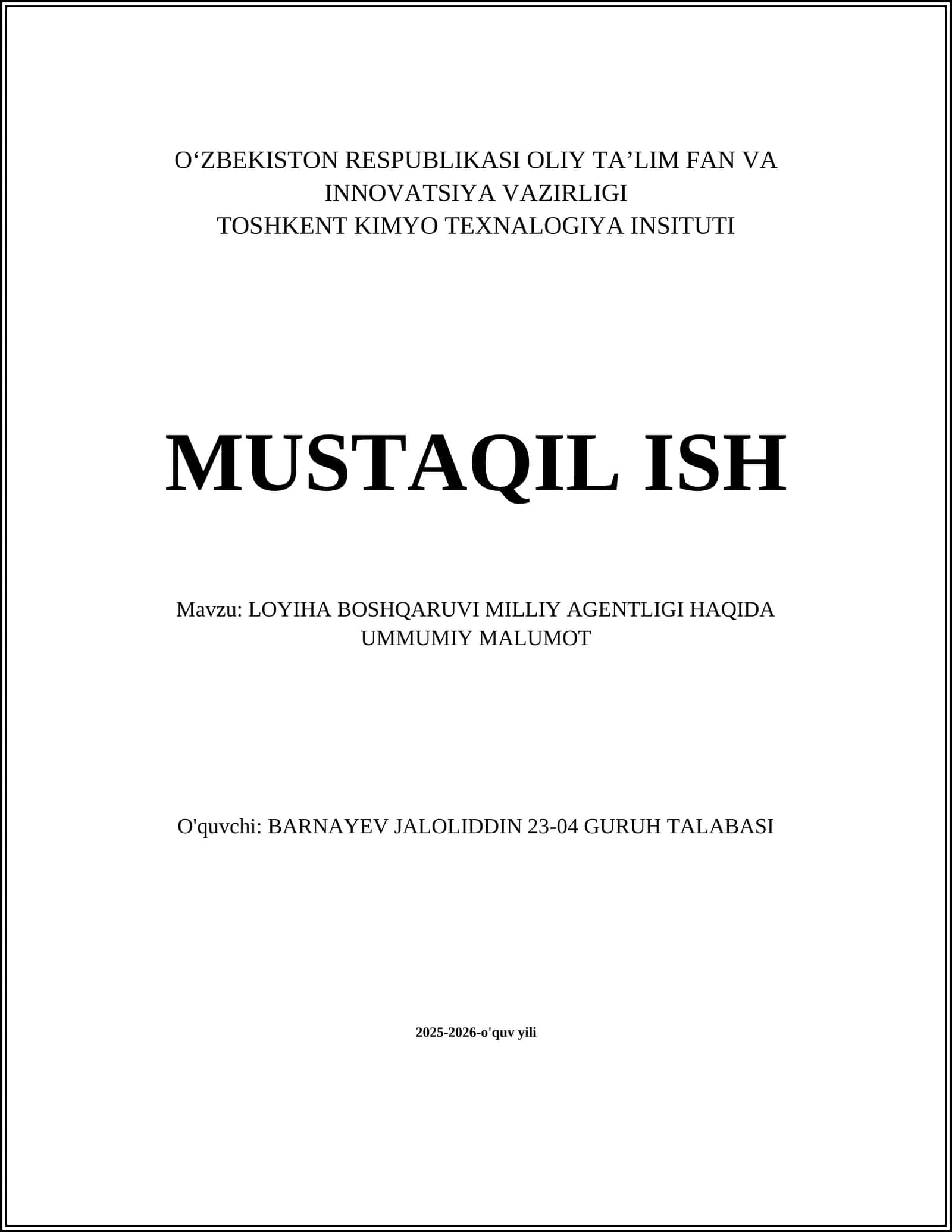 LOYIHA BOSHQARUVI MILLIY AGENTLIGI HAQIDA UMMUMIY MALUMOT
