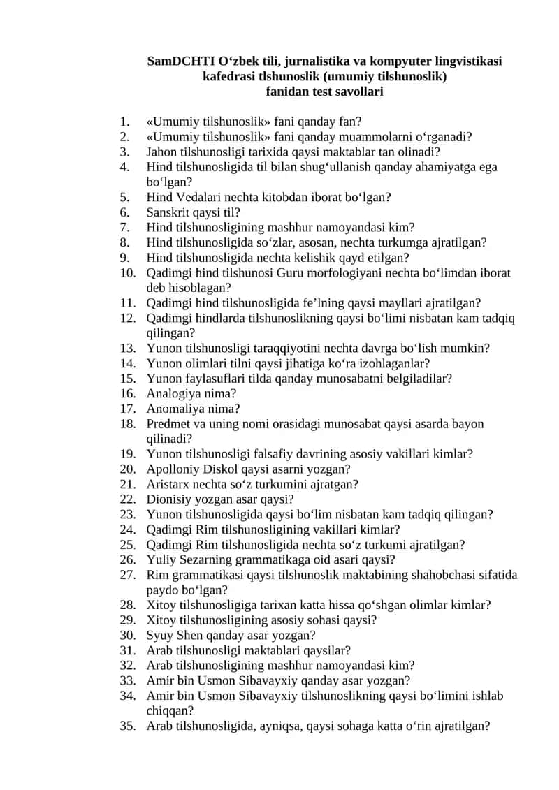Umumiy tilshunoslik fanidan test savollari