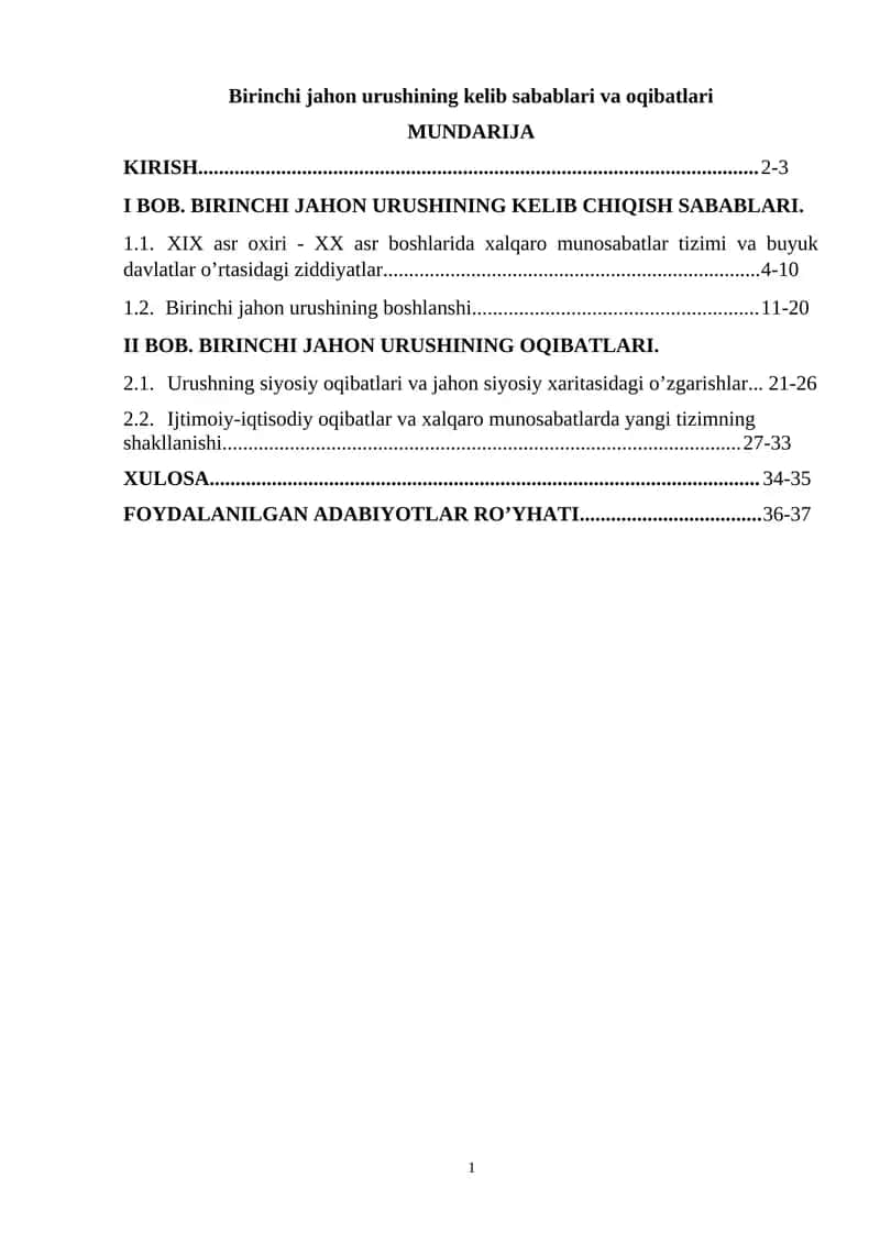 Birinchi jahon urushining kelib sabablari va oqibatlari