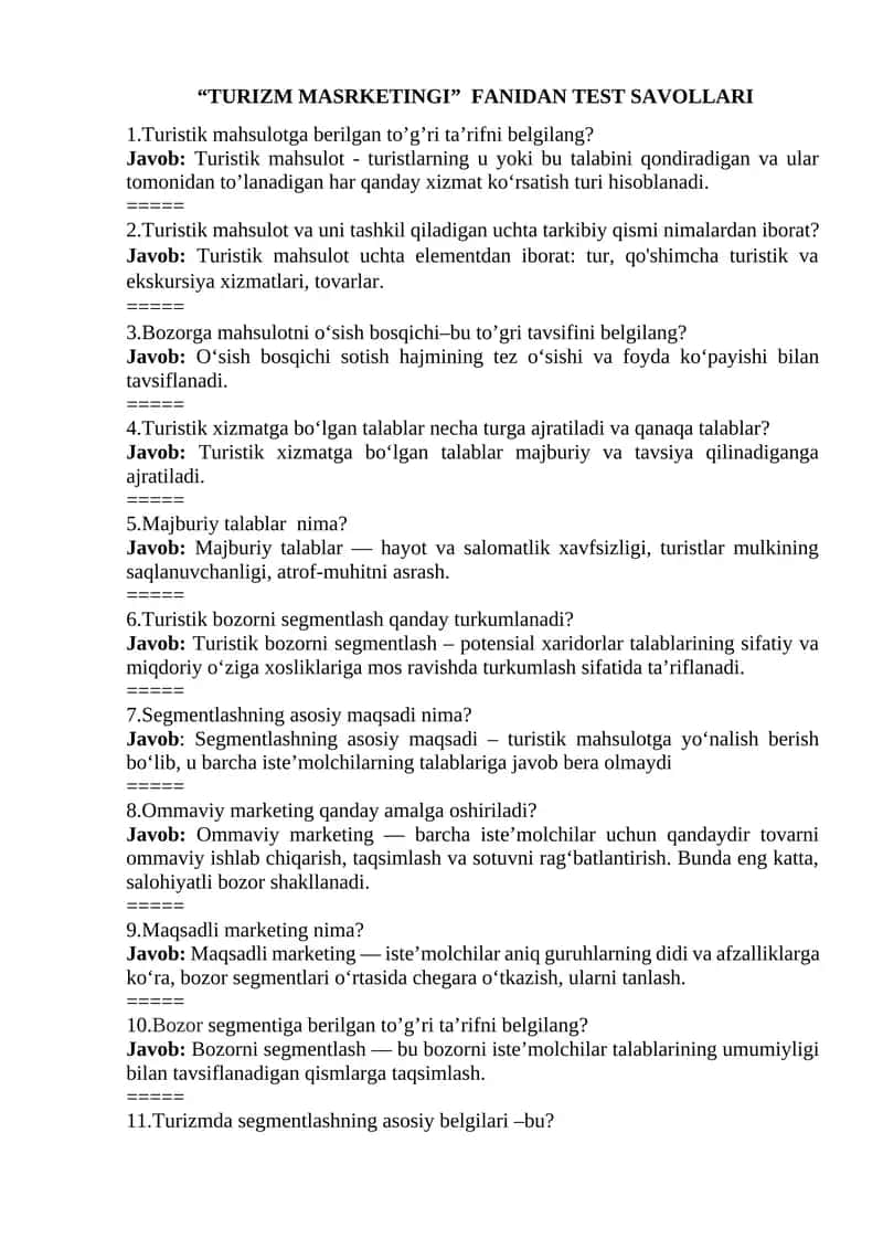 TURIZM MARKETINGI  FANIDAN TEST SAVOLLARI
