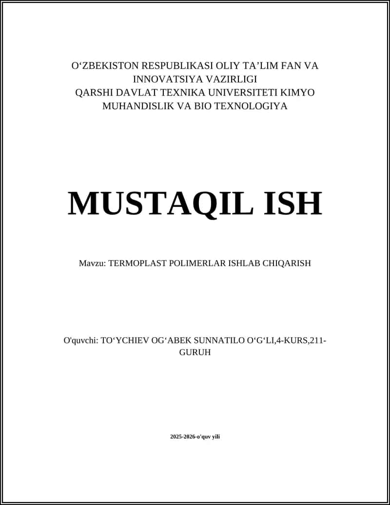 TERMOPLAST POLIMERLAR ISHLAB CHIQARISH