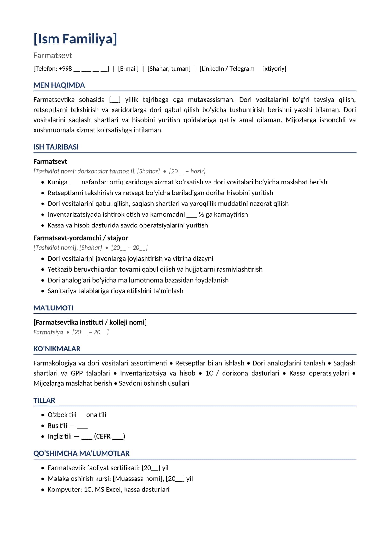 Rezyume namunasi Farmatsevt