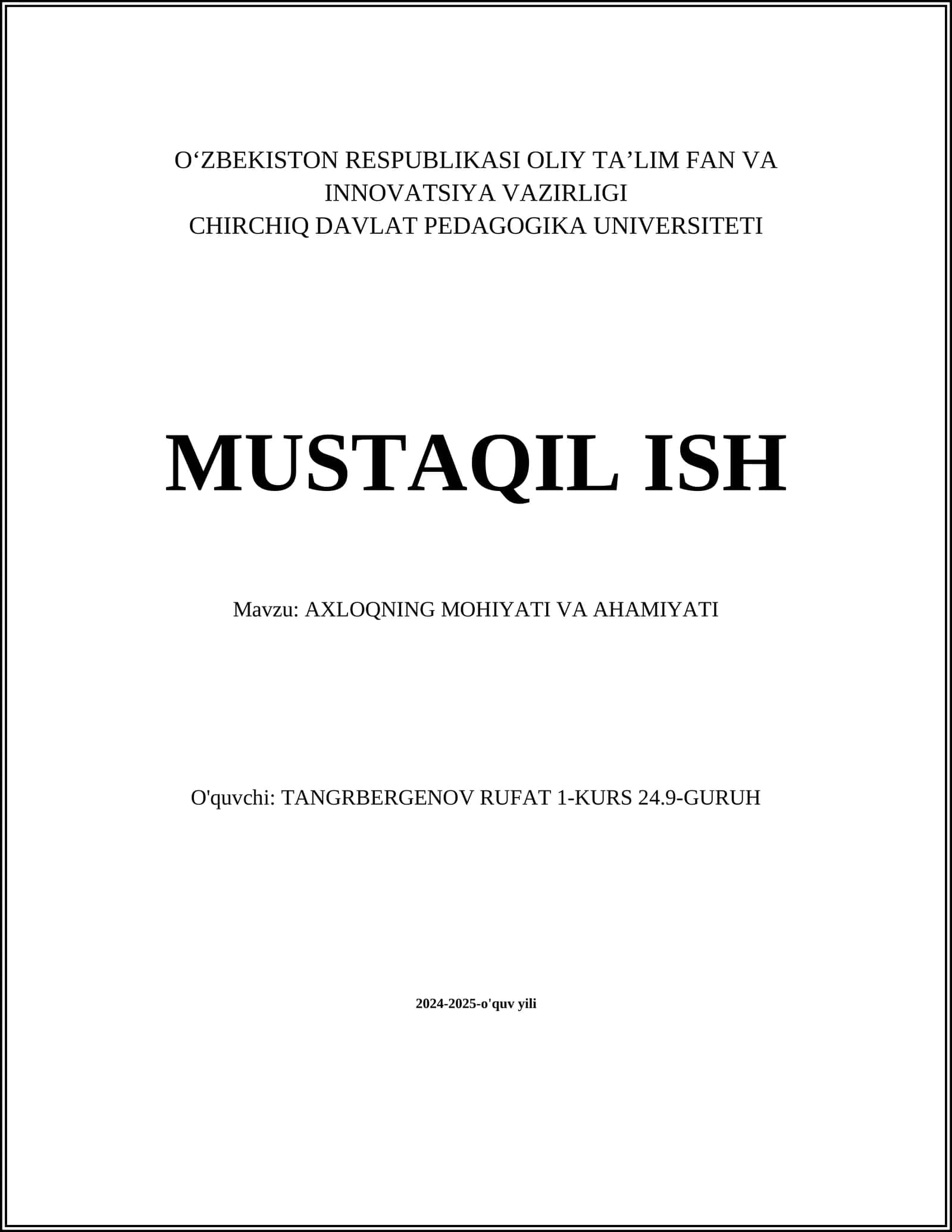 AXLOQNING MOHIYATI VA AHAMIYATI