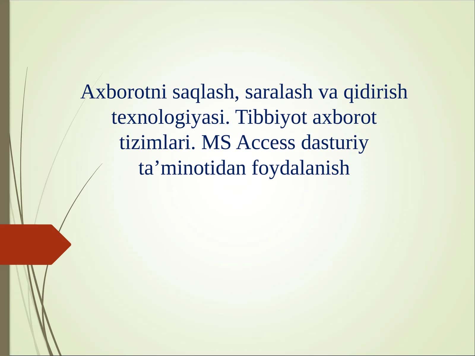 Axborotni saqlash, saralash va qidirish texnologiyasi. Tibbiyot axborot tizimlari. MS Access dasturiy ta’minotidan foydalanish
