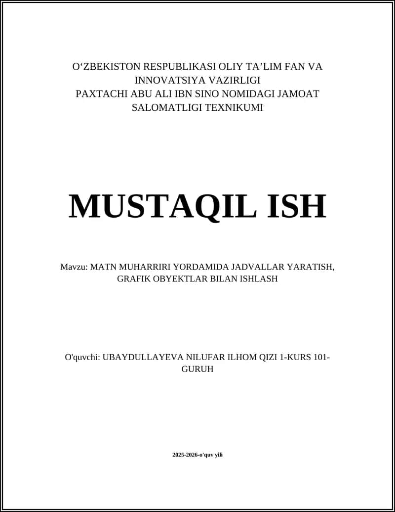 MATN MUHARRIRIDA YANGI JADVAL YARATISH VA TURLARI