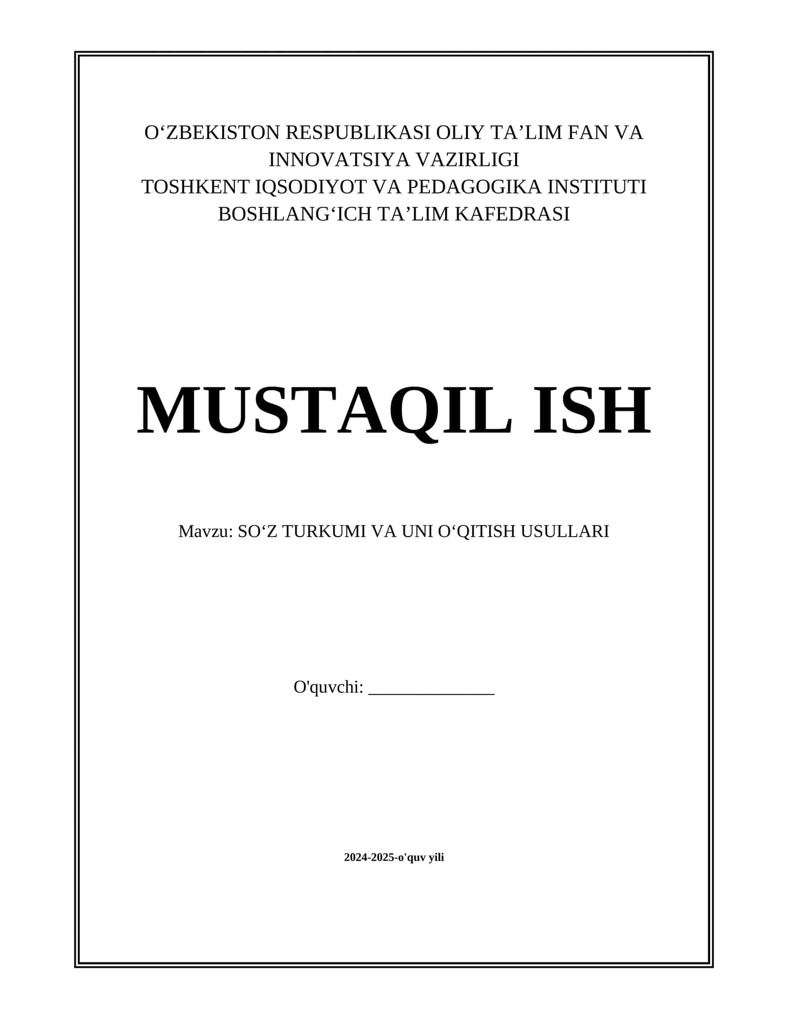 SOʻZ TURKUMI VA UNI OʻQITISH USULLARI