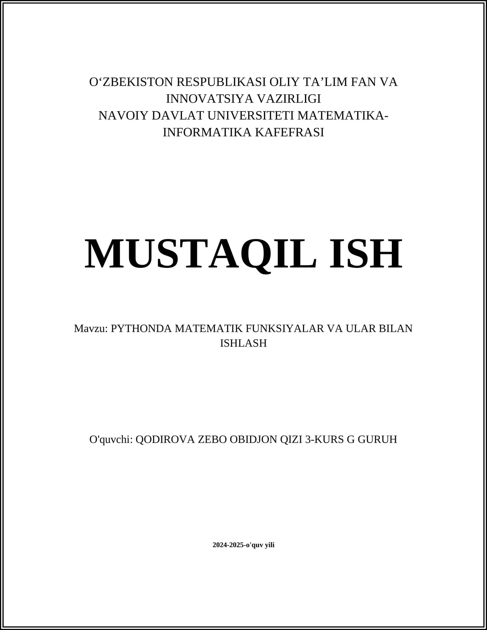 PYTHONDA MATEMATIK FUNKSIYALAR VA ULAR BILAN ISHLASH