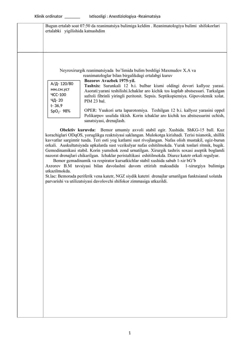 Klinik ordinator Ixtisosligi: Anestiziologiya - Reaimatsiya