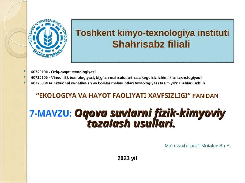 Oqova suvlarni fizik-kimyoviy tozalash usullari