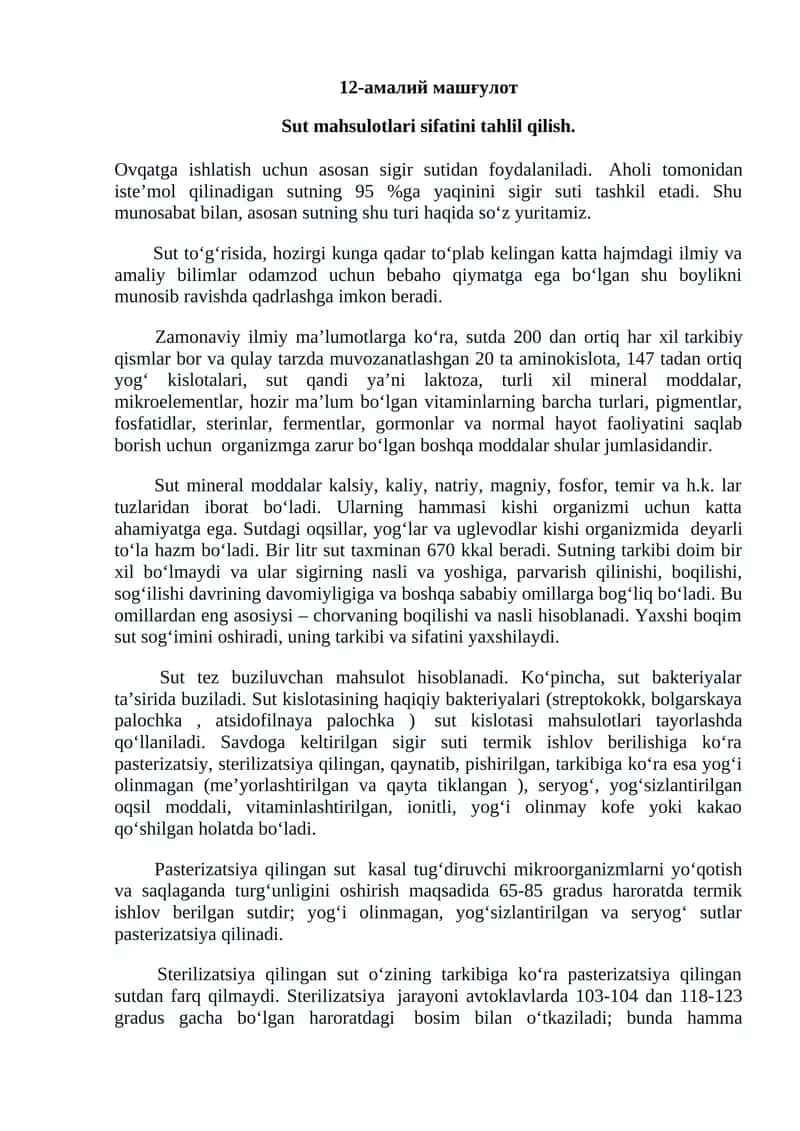 Sut mahsulotlari sifatini tahlil qilish