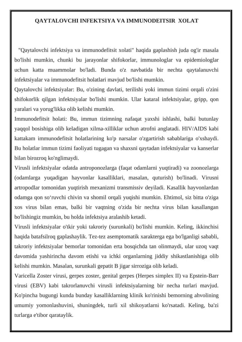 Qaytalovchi infektsiya va immunodefitsir xolat