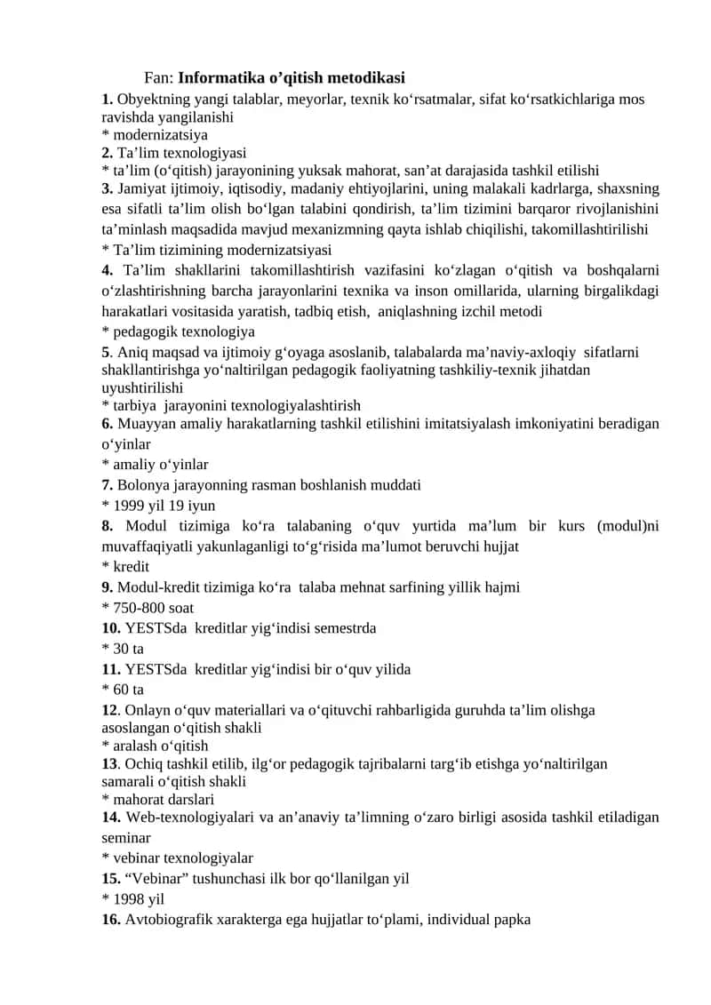 Fan: Informatika o’qitish metodikasi