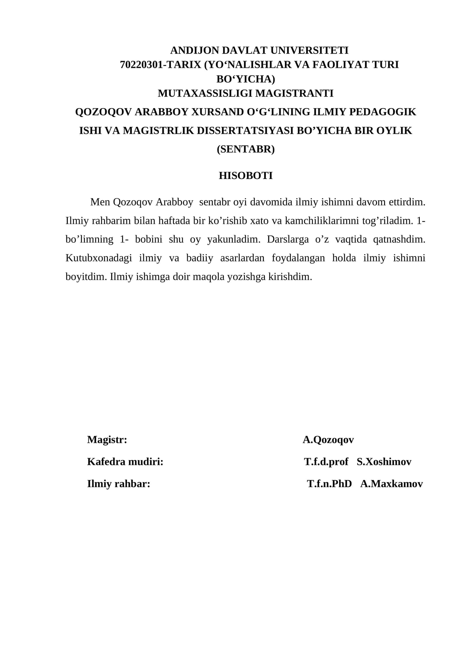 ILMIY PEDAGOGIK ISHI VA MAGISTRLIK DISSERTATSIYASI BO’YICHA BIR OYLIK (SENTABR) HISOBOTI