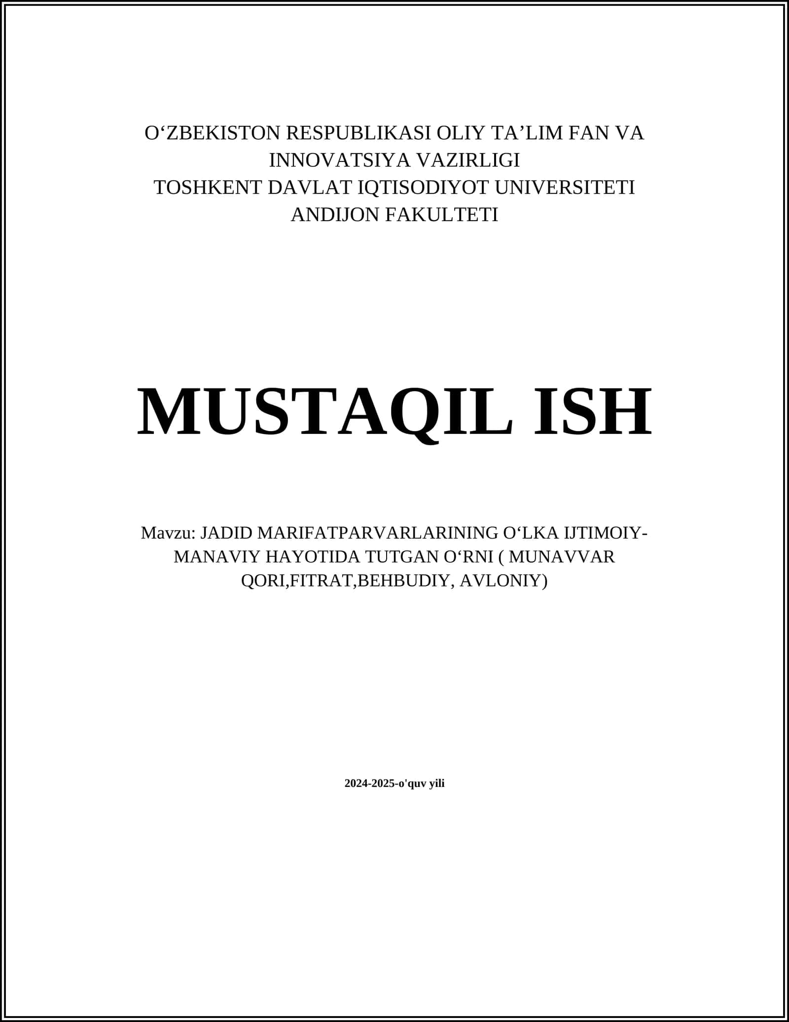 JADID MARIFATPARVARLARINING OʻLKA IJTIMOIY-MANAVIY HAYOTIDA TUTGAN OʻRNI ( MUNAVVAR QORI,FITRAT,BEHBUDIY, AVLONIY)
