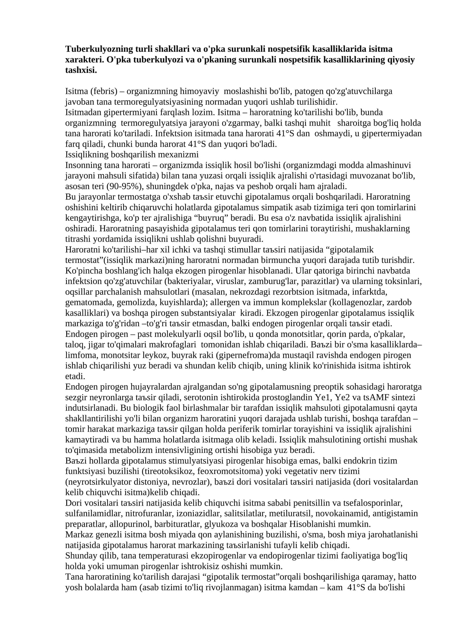 Tuberkulyozning turli shakllari va o'pka surunkali nospetsifik kasalliklarida isitma xarakteri