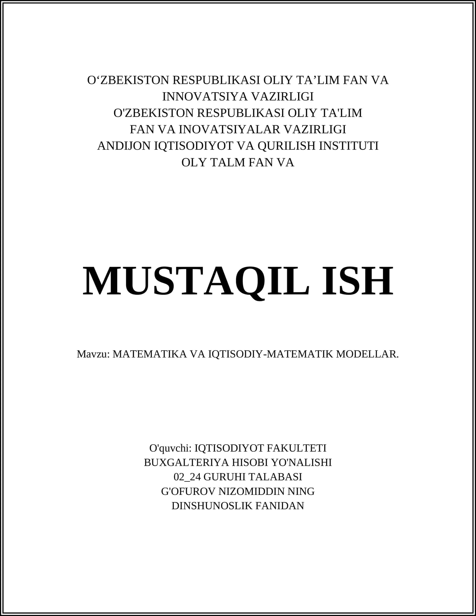 MATEMATIKA VA IQTISODIY-MATEMATIK MODELLAR