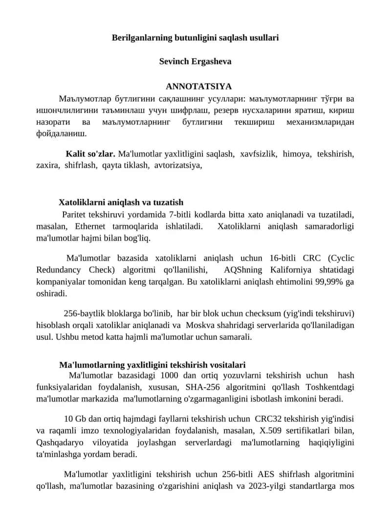 Ma'lumotlarning butunligini saqlash usullari