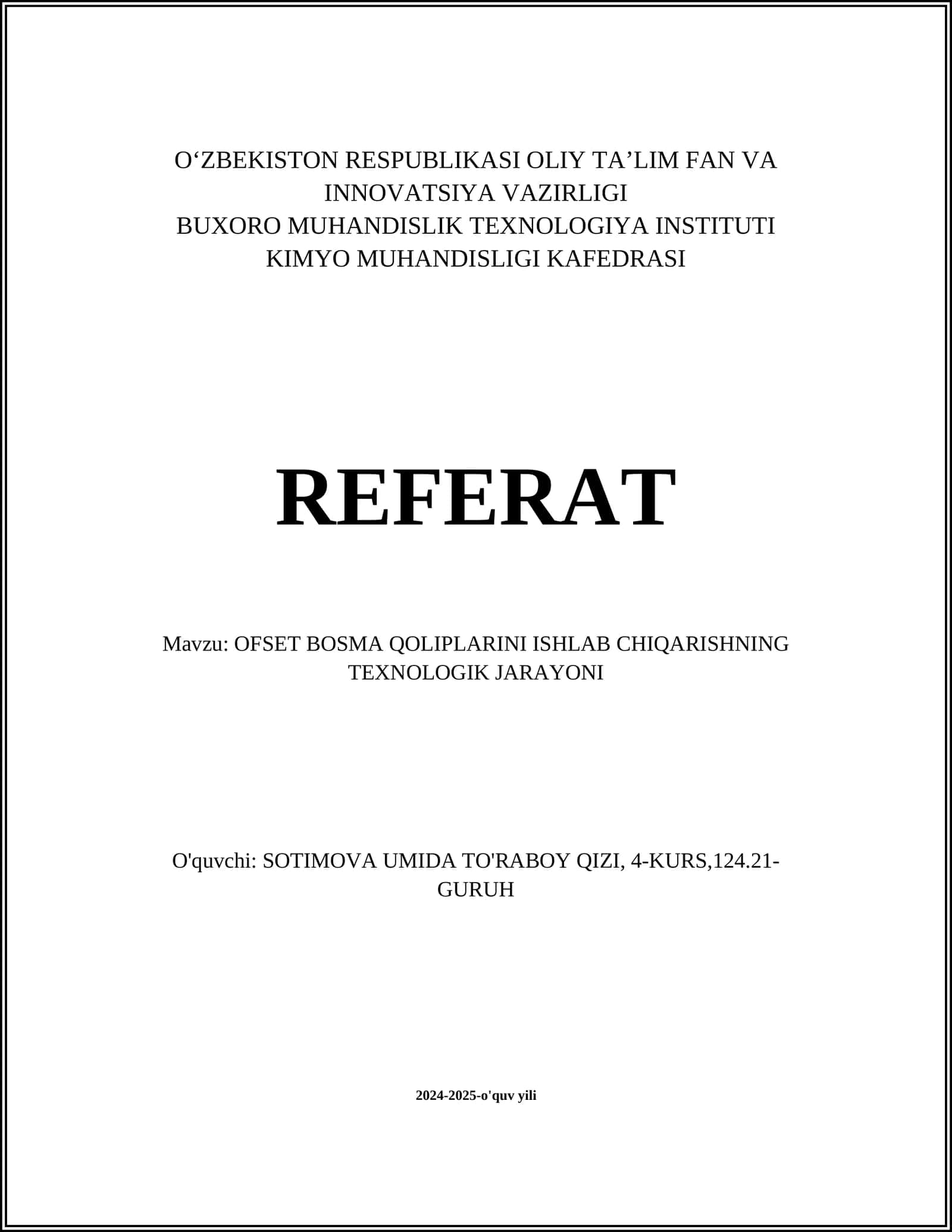 OFSET BOSMA QOLIPLARINI ISHLAB CHIQARISHNING TEXNOLOGIK JARAYONI