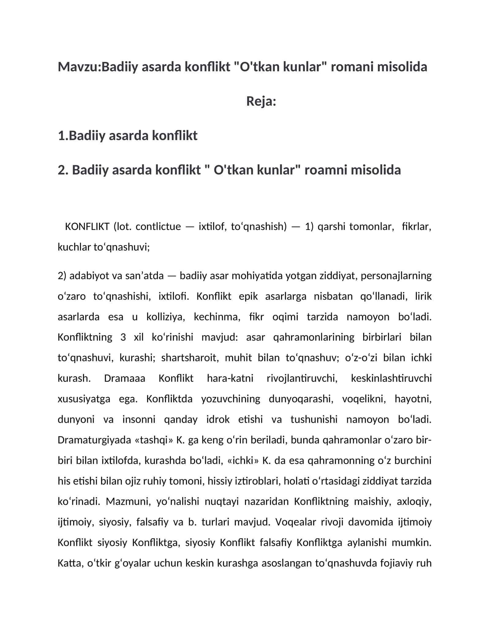 Badiiy asarda konflikt "O'tkan kunlar" romani misolida