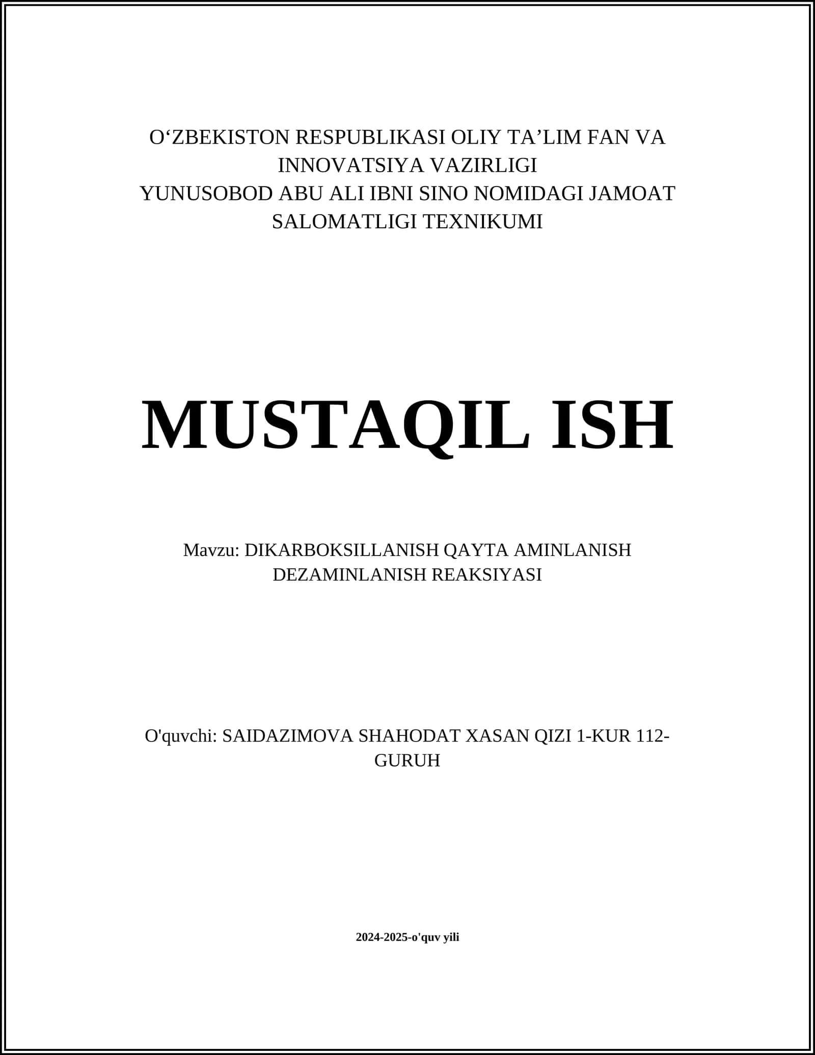 DIKARBOKSILLANISH QAYTA AMINLANISH DEZAMINLANISH REAKSIYASI