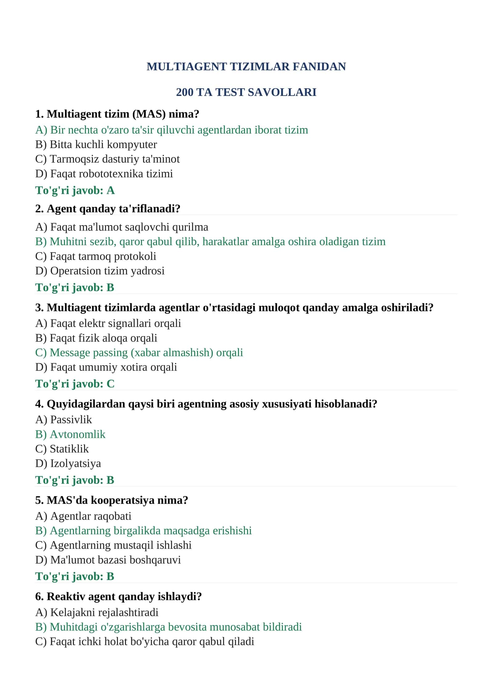 Multiagent Tizimlar Fanidan