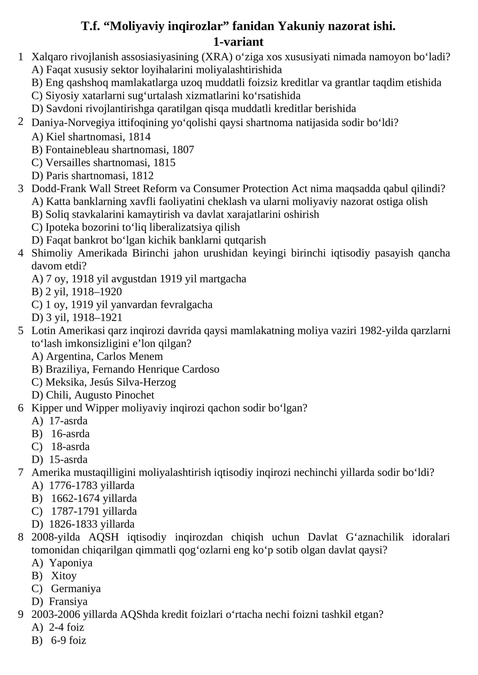 T.f. “Moliyaviy inqirozlar” fanidan Yakuniy nazorat ishi