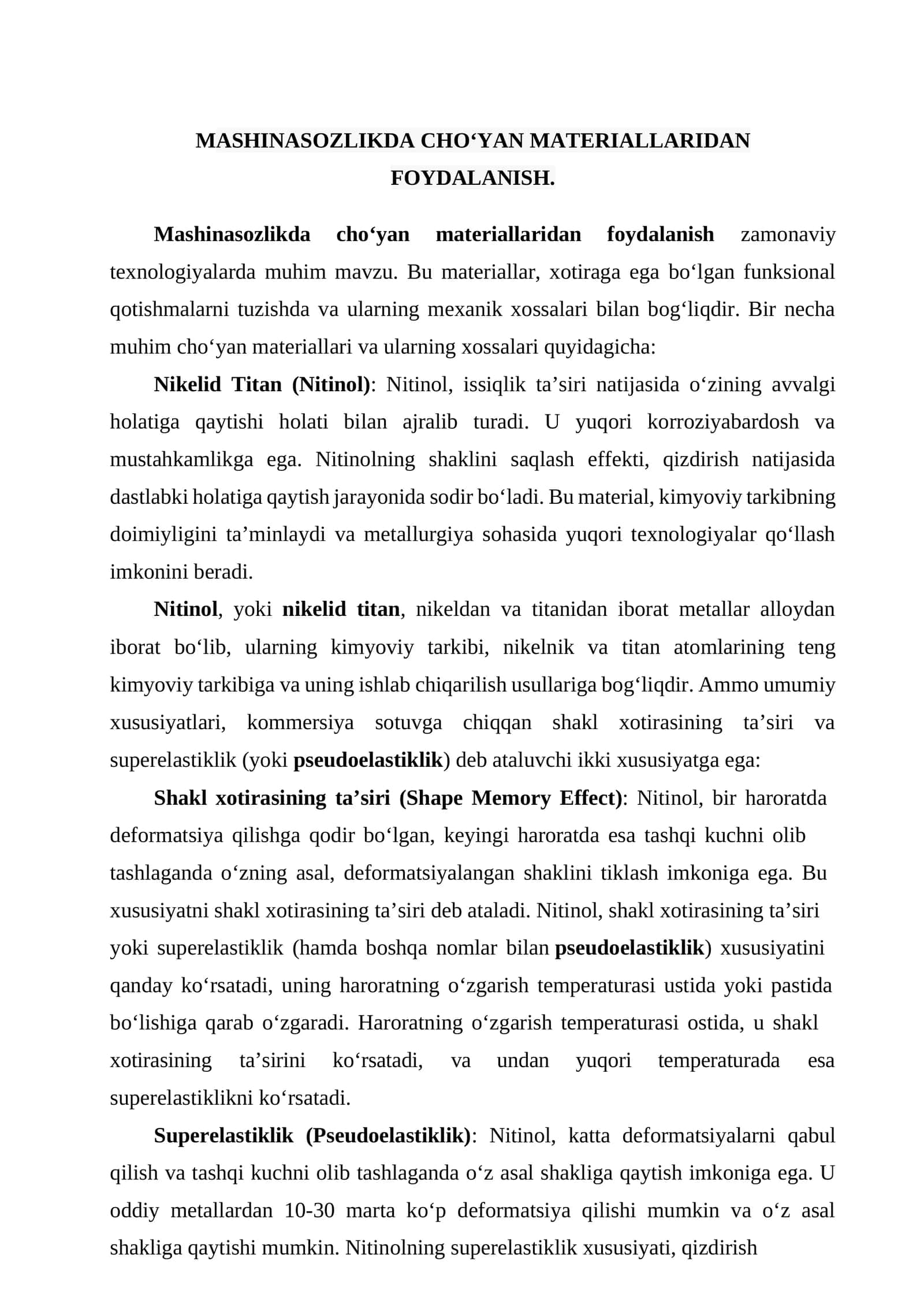 Mashinasozlikda Cho‘yan Materiallaridan Foydalanish