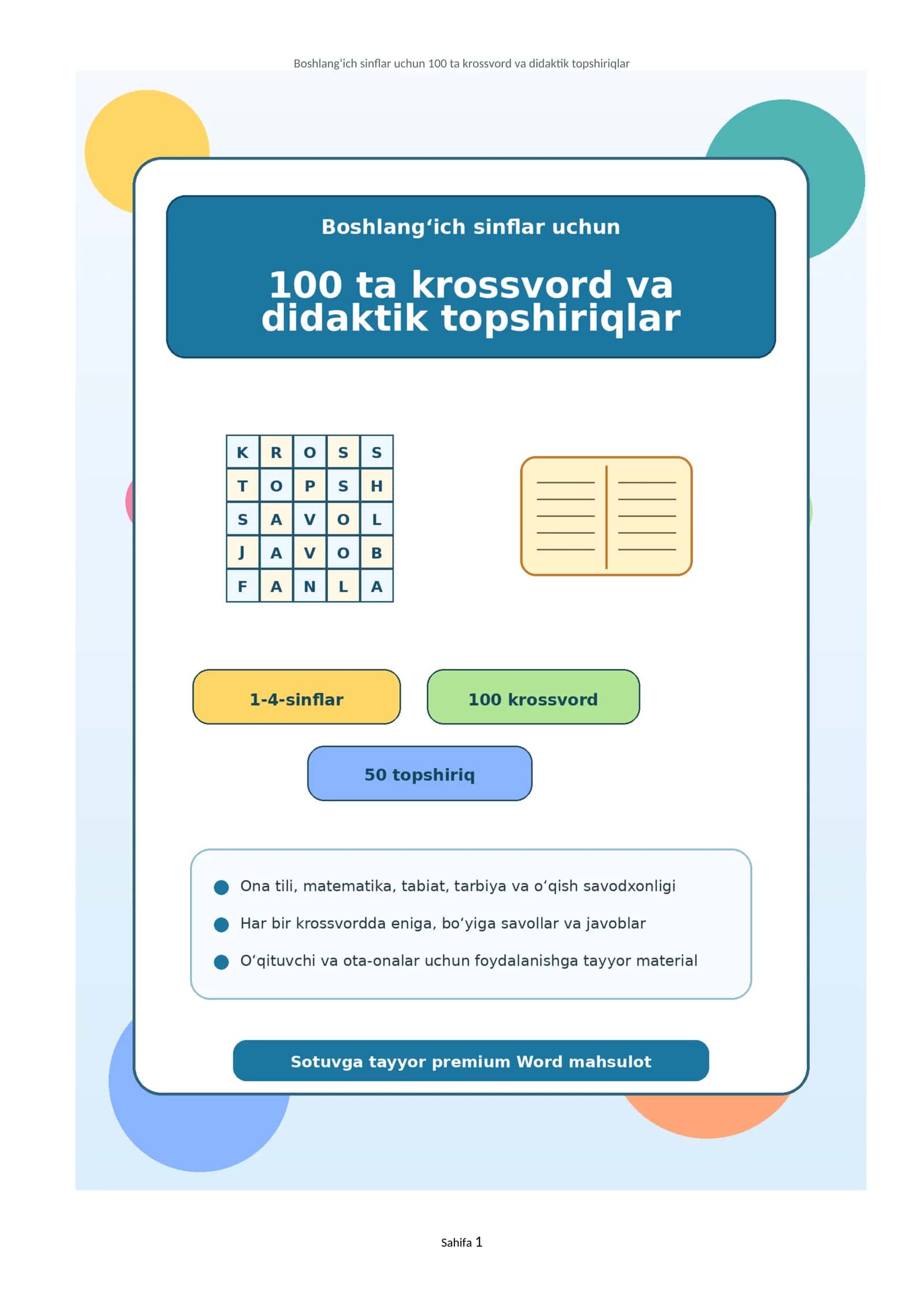 Boshlang‘ich sinflar uchun 100 ta krossvord va didaktik topshiriqlar