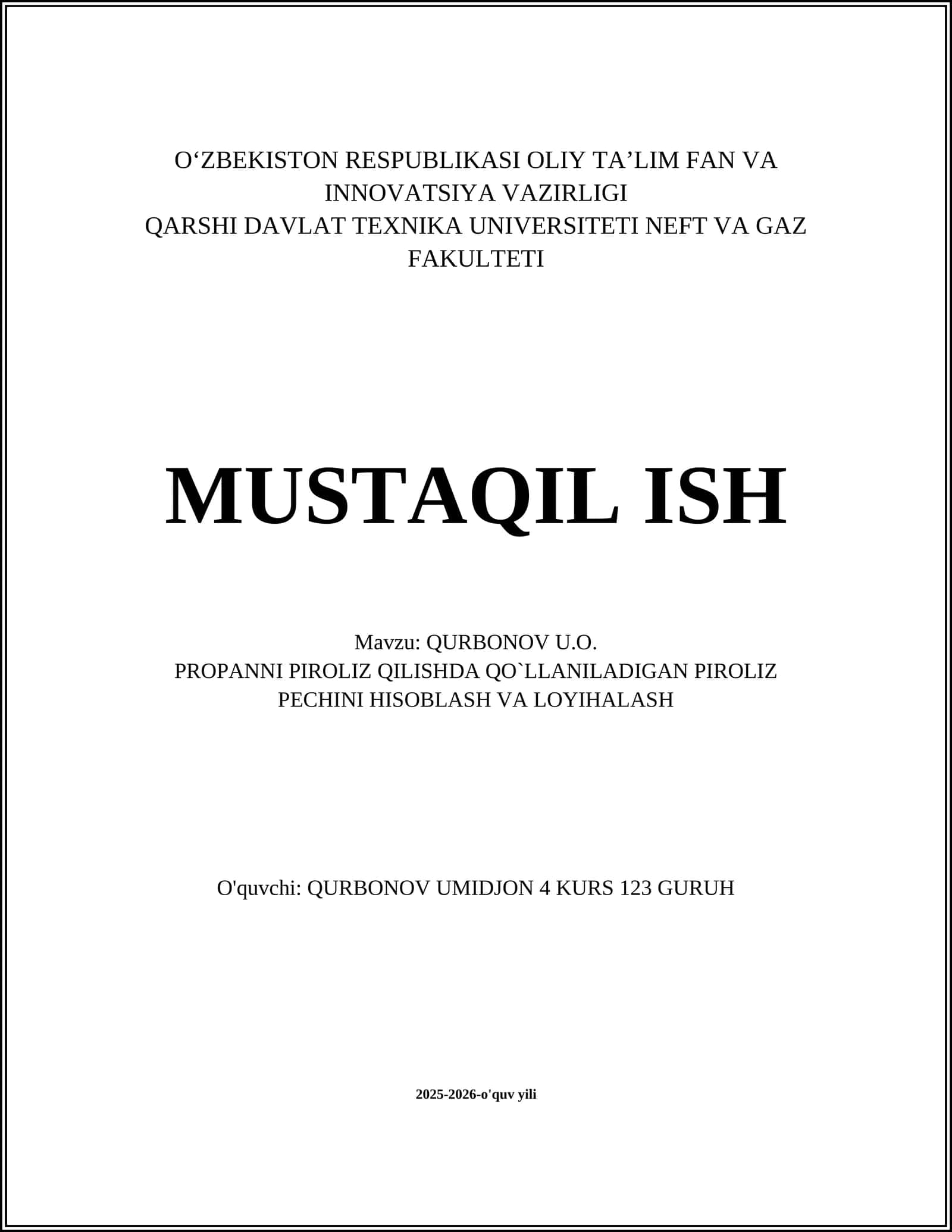 PROPANNI PIROLIZ QILISHDA QO`LLANILADIGAN PIROLIZ PECHINI HISOBLASH VA LOYIHALASH