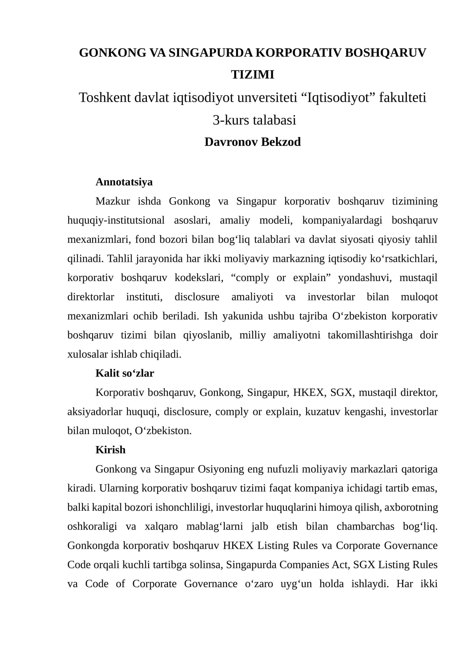 GONKONG VA SINGAPURDA KORPORATIV BOSHQARUV TIZIMI