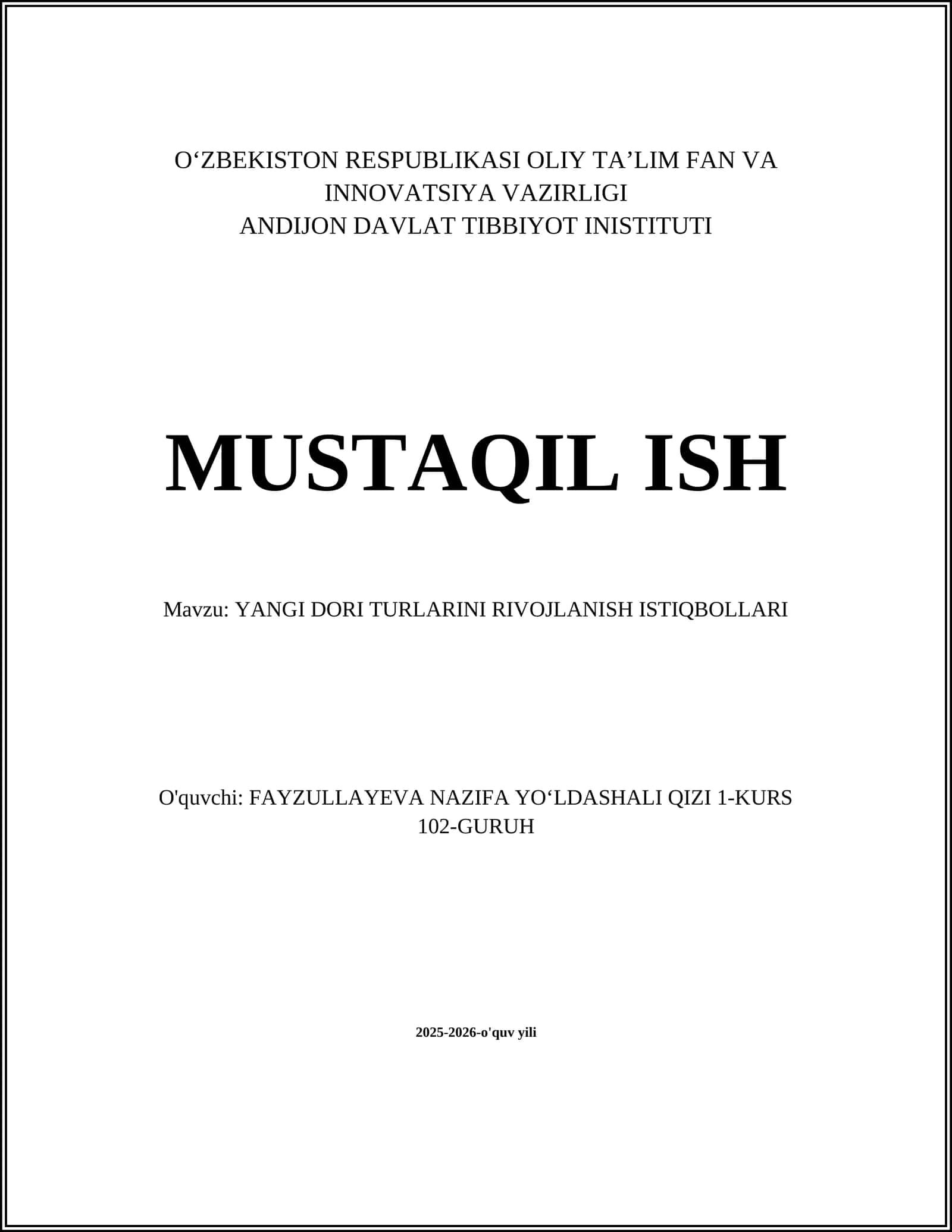YANGI DORI TURLARINI RIVOJLANISH ISTIQBOLLARI