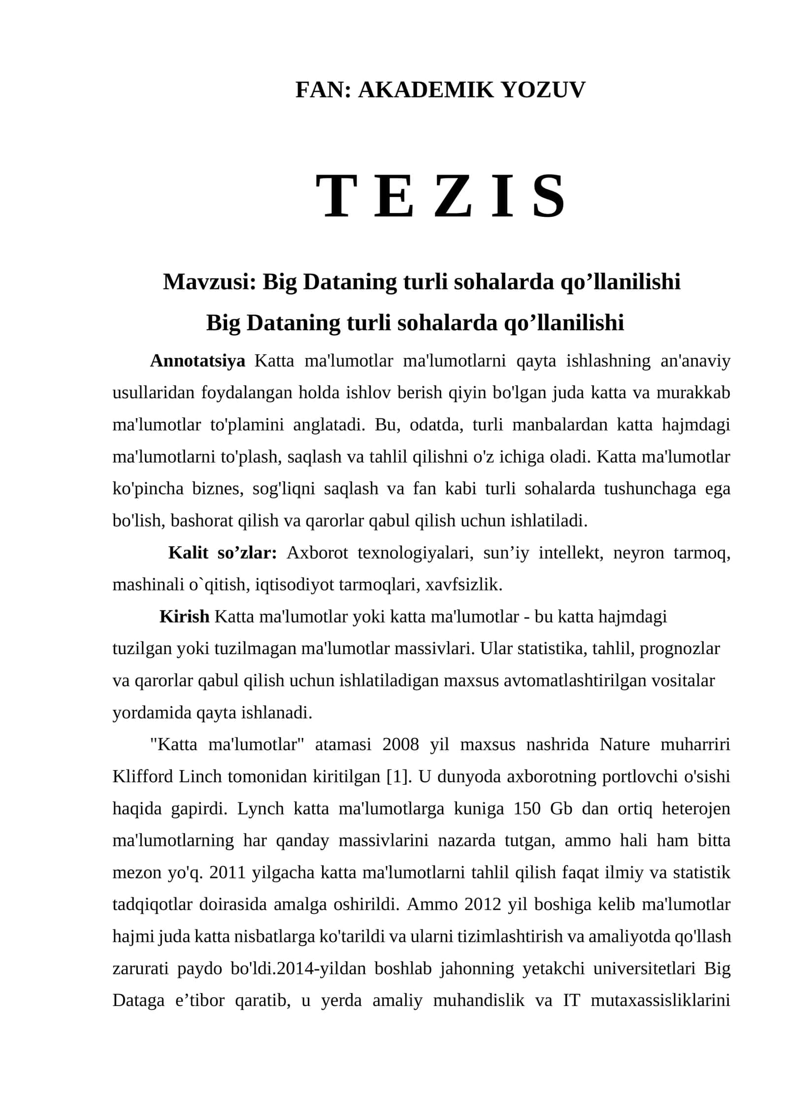 Big Dataning turli sohalarda qo’llanilishi