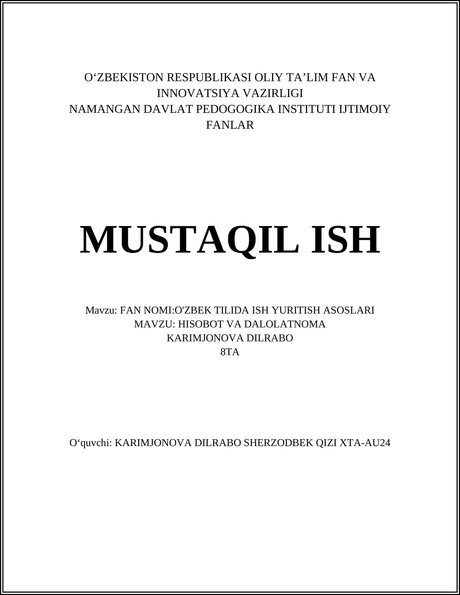 O'ZBEK TILIDA ISH YURITISH ASOSLARI