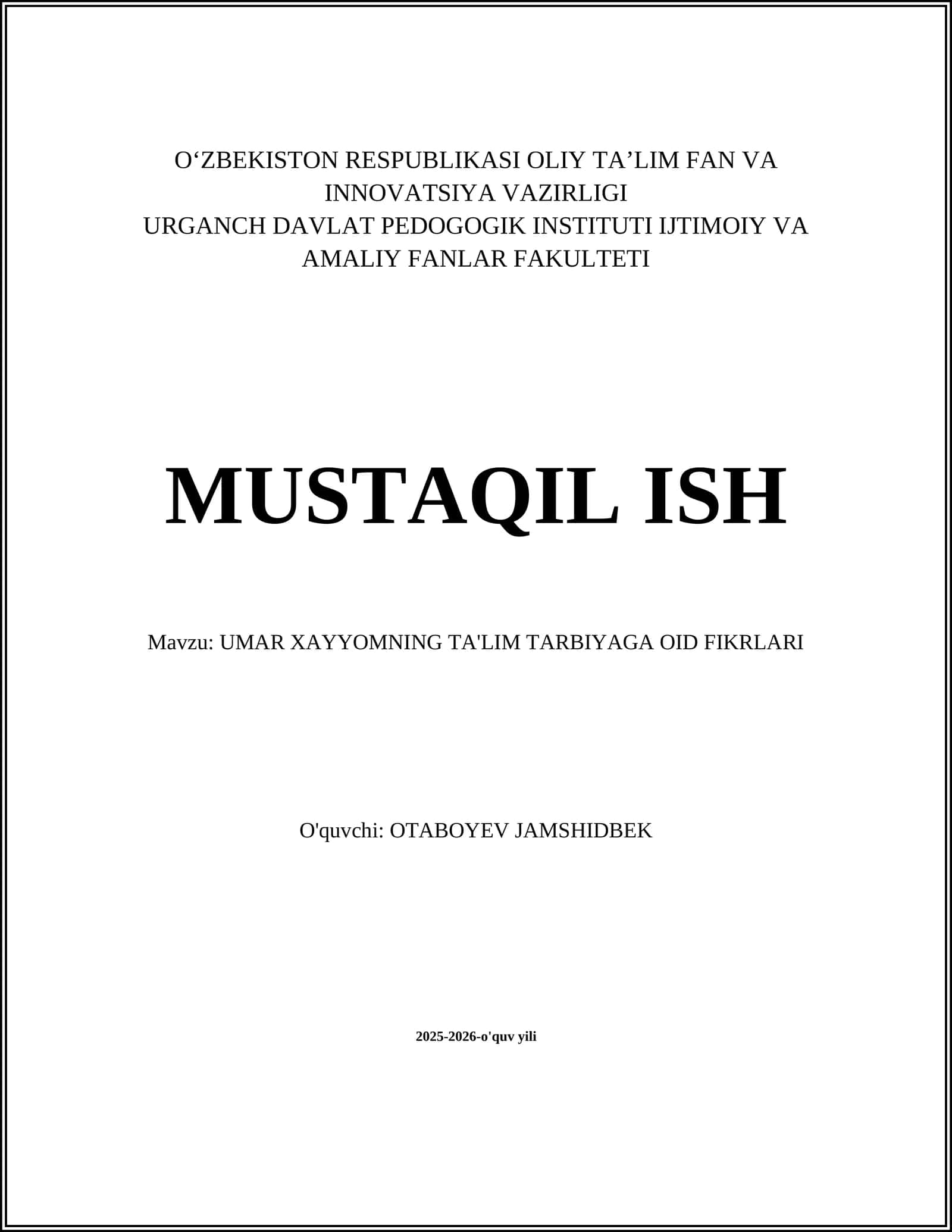 UMAR XAYYOMNING TA'LIM TARBIYAGA OID FIKRLARI
