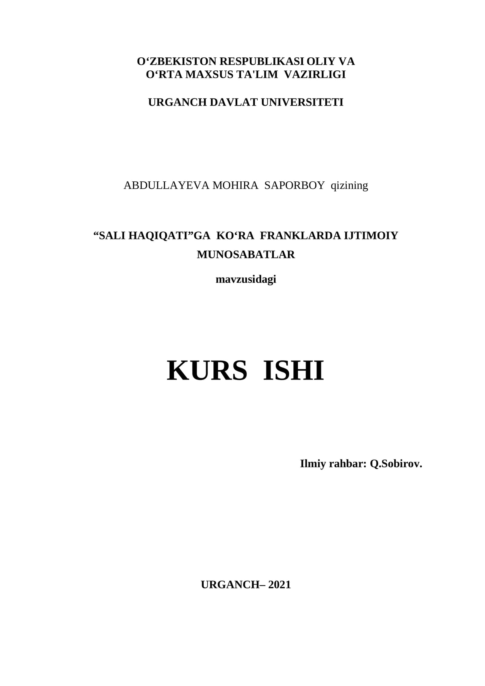 KURS ISHI "SALI HAQIQATI"GA KO‘RA FRANKLARDA IJTIMOIY MUNOSABATLAR