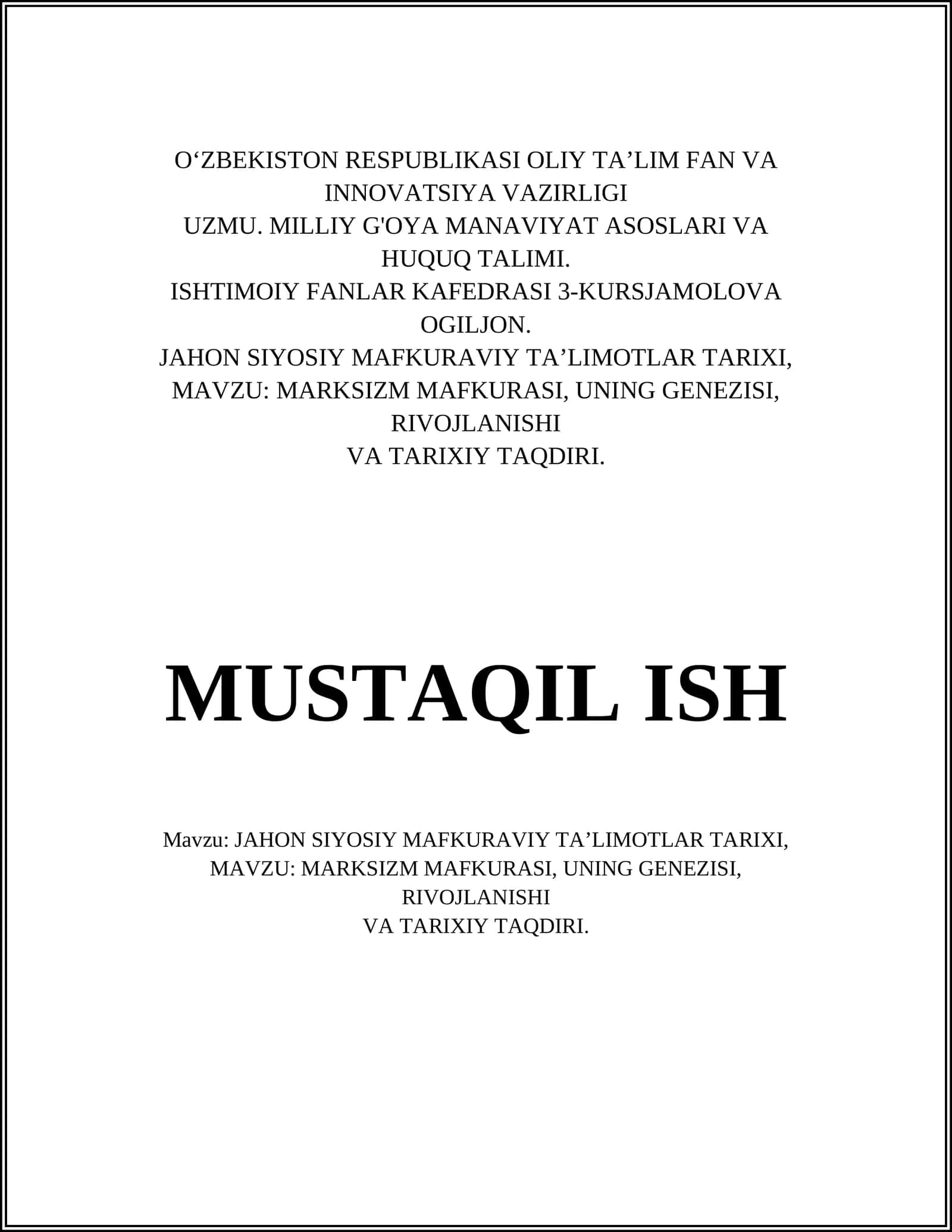 Marksizm Mafkurasi va Uning Tarixi