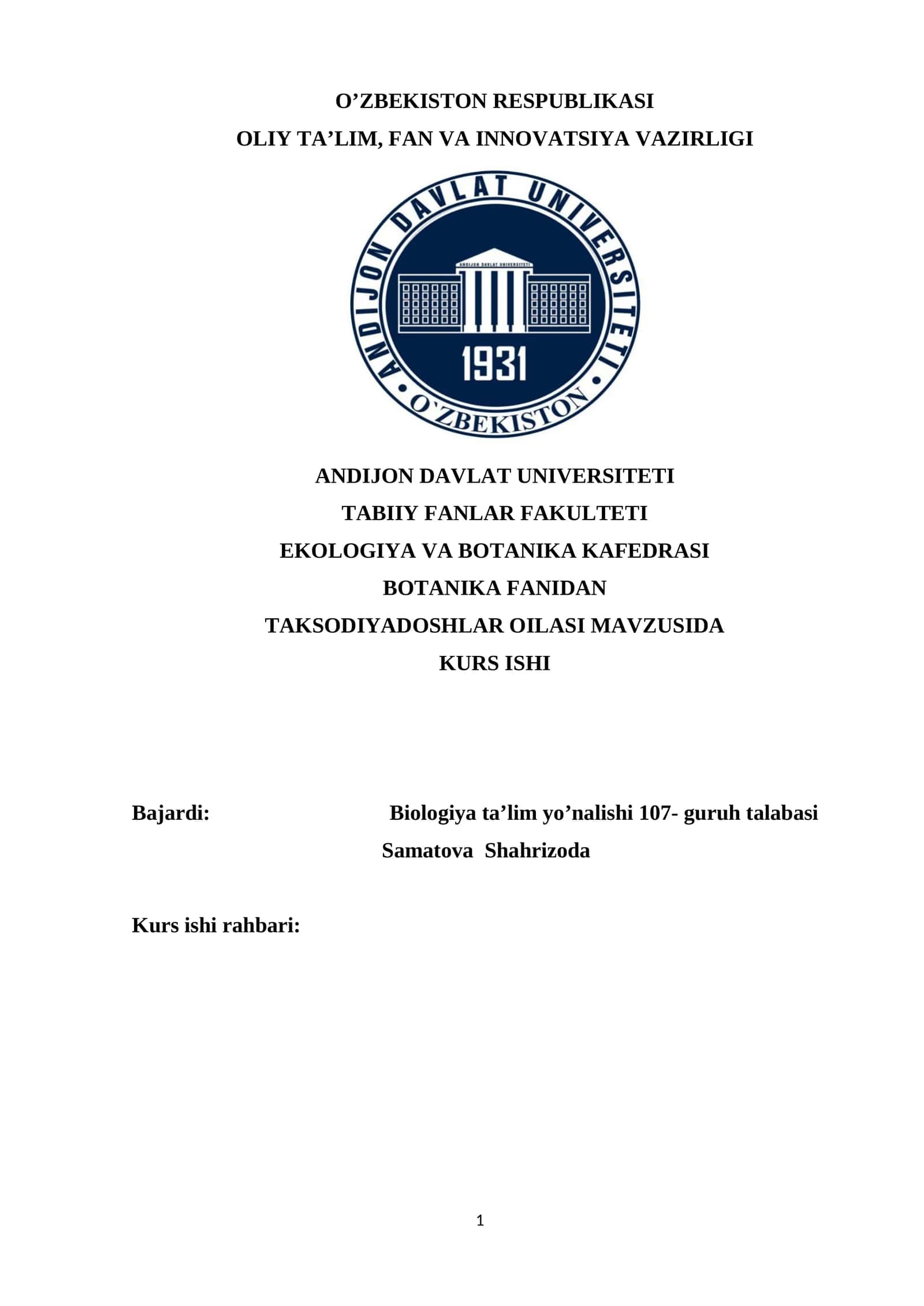 TAKSODIYADOSHLAR OILASI MAVZUSIDA KURS ISHI