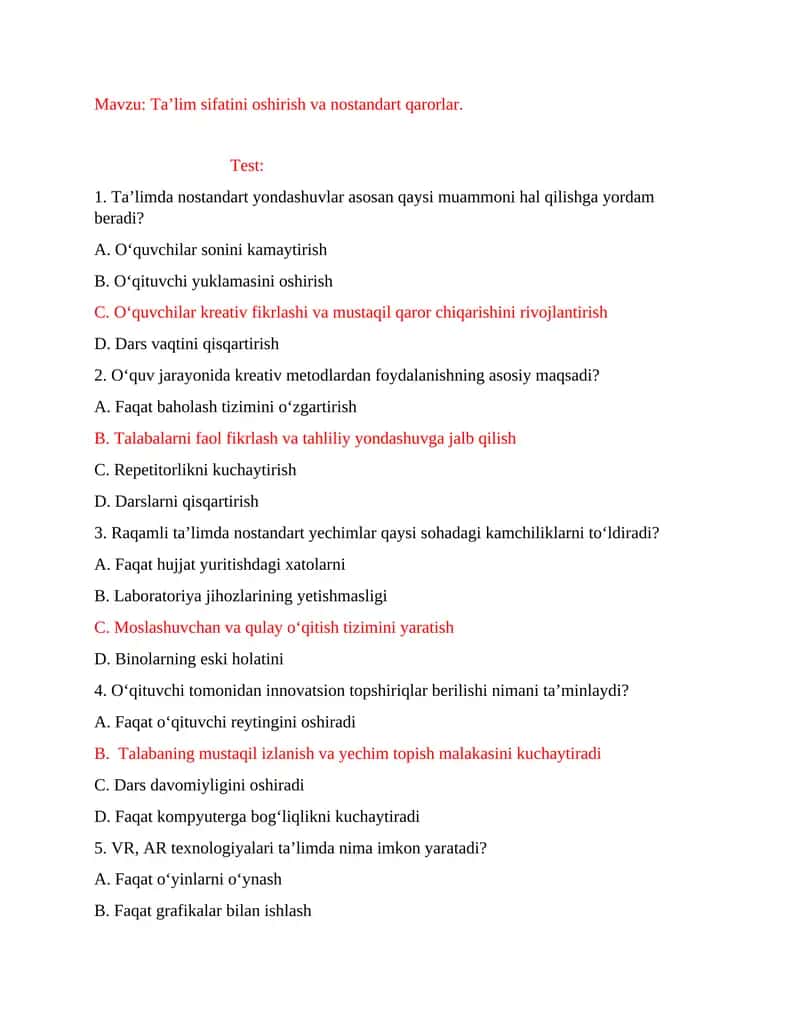 Test Ta’lim sifatini oshirish va nostandart qarorlar