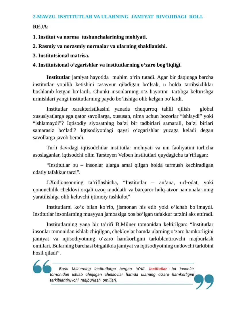 Institutlar va Ularning Jamiiyat Rivojidagi Roli