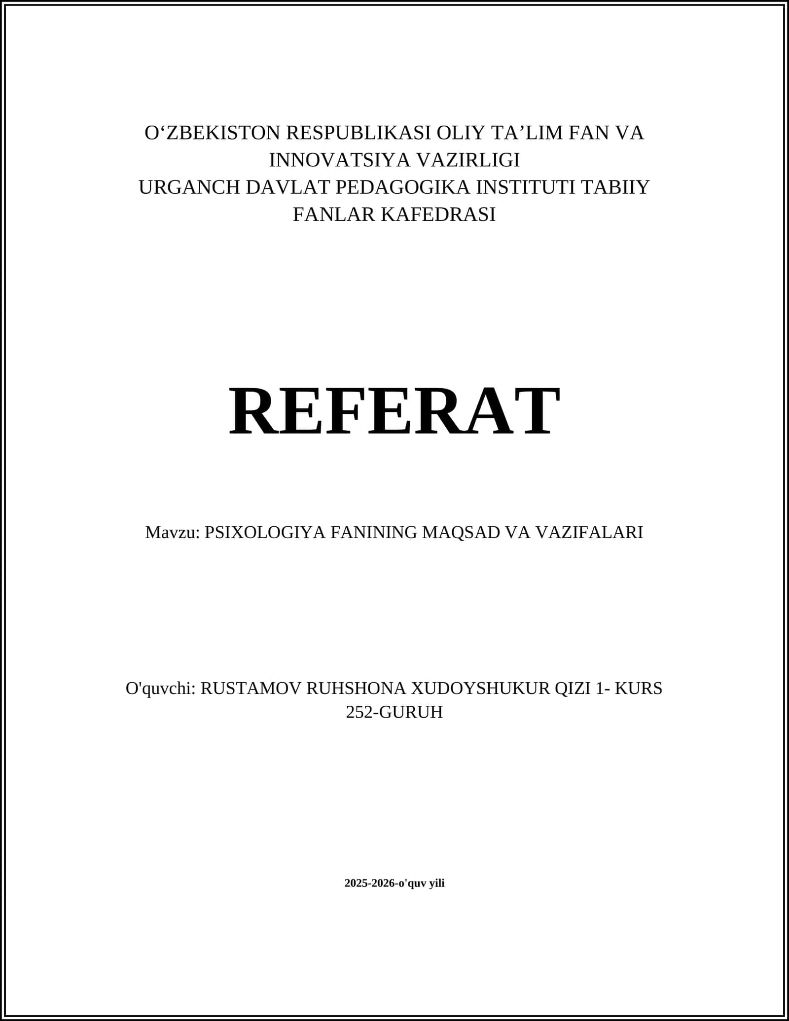 PSIXOLOGIYA FANINING MAQSAD VA VAZIFALARI